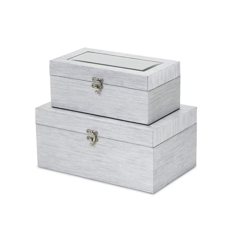 Set of Two Silver Nesting Wood And Mirrored Glass Organizing Box With Lid HomeRoots