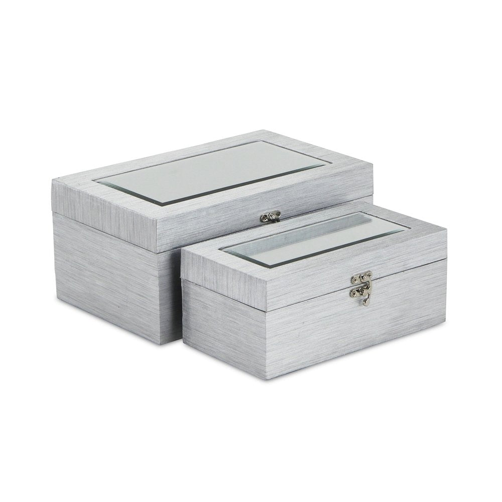 Set of Two Silver Nesting Wood And Mirrored Glass Organizing Box With Lid HomeRoots