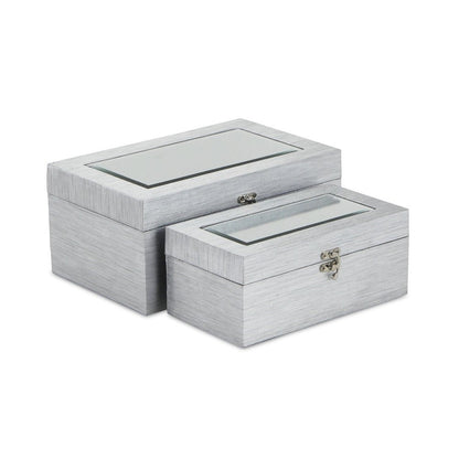 Set of Two Silver Nesting Wood And Mirrored Glass Organizing Box With Lid HomeRoots