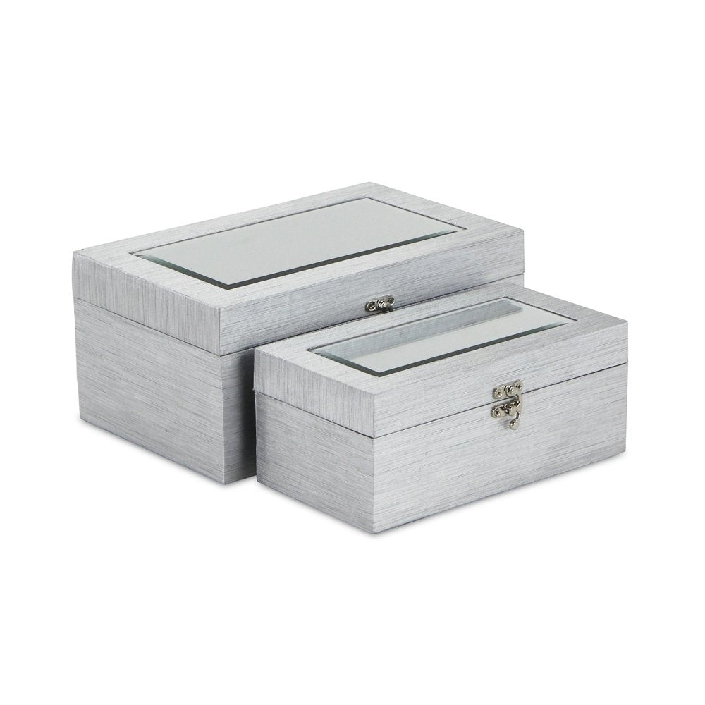 Set of Two Silver Nesting Wood And Mirrored Glass Organizing Box With Lid HomeRoots
