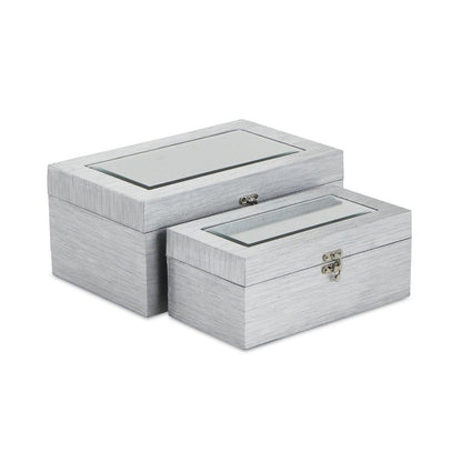 Set of Two Silver Nesting Wood And Mirrored Glass Organizing Box With Lid HomeRoots