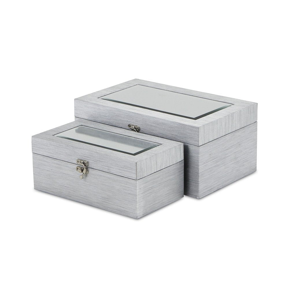 Set of Two Silver Nesting Wood And Mirrored Glass Organizing Box With Lid HomeRoots