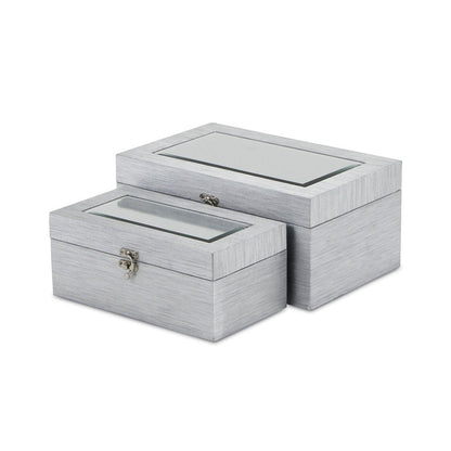 Set of Two Silver Nesting Wood And Mirrored Glass Organizing Box With Lid HomeRoots