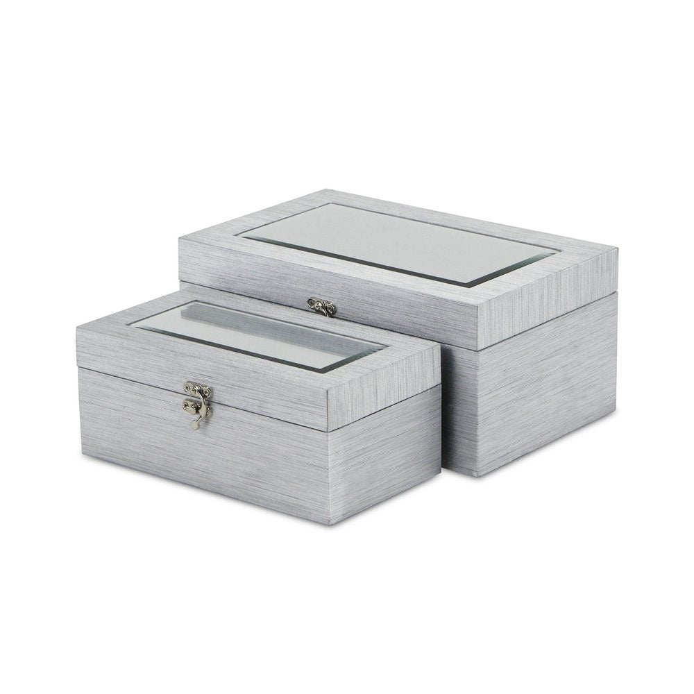 Set of Two Silver Nesting Wood And Mirrored Glass Organizing Box With Lid HomeRoots