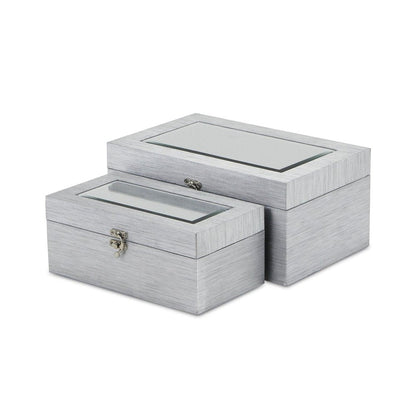 Set of Two Silver Nesting Wood And Mirrored Glass Organizing Box With Lid HomeRoots