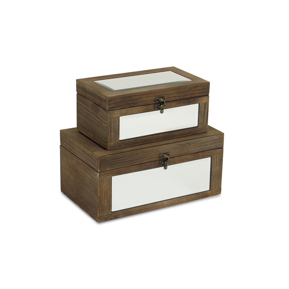 Set of Two Natural And White Nesting Wood And Mirrored Glass Organizing Box With Lid HomeRoots