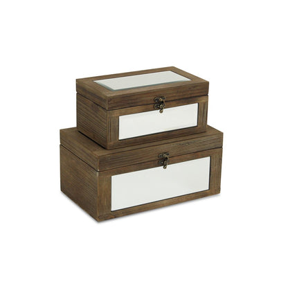 Set of Two Natural And White Nesting Wood And Mirrored Glass Organizing Box With Lid HomeRoots