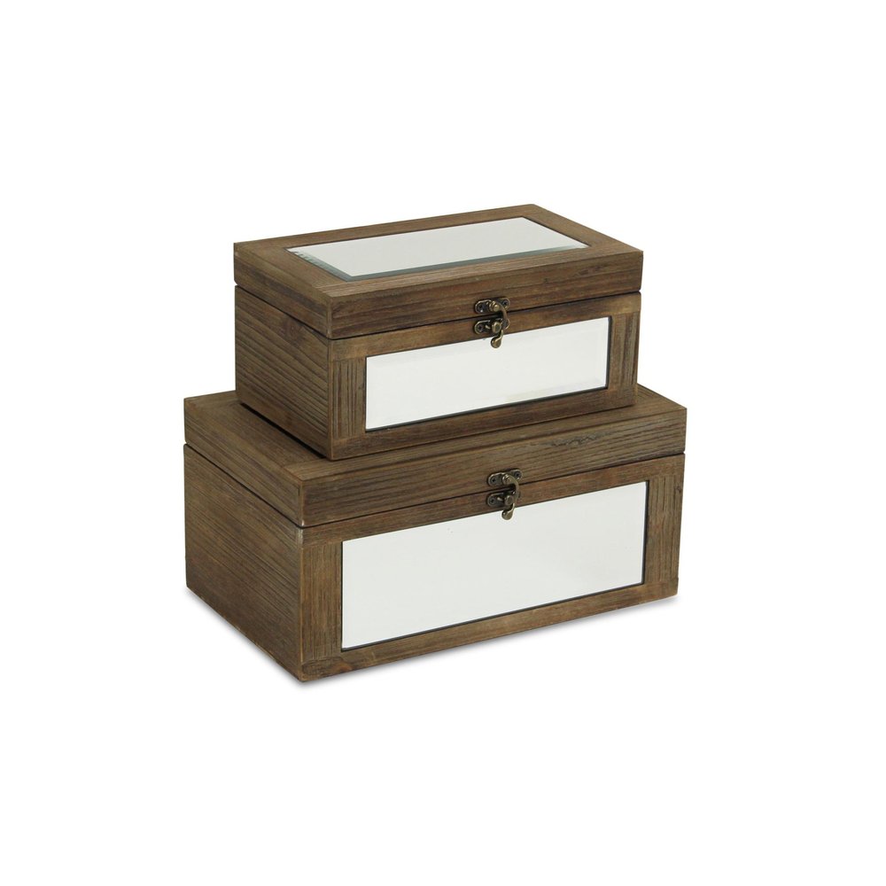 Set of Two Natural And White Nesting Wood And Mirrored Glass Organizing Box With Lid HomeRoots