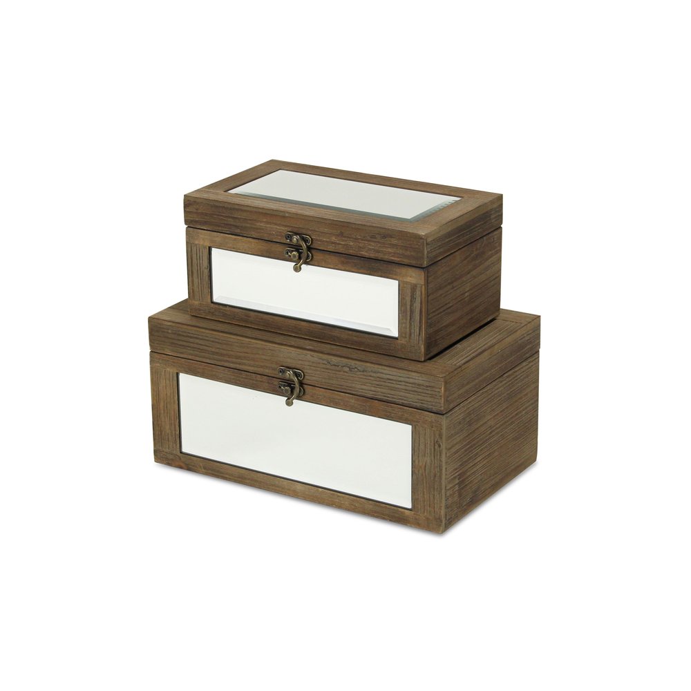 Set of Two Natural And White Nesting Wood And Mirrored Glass Organizing Box With Lid HomeRoots