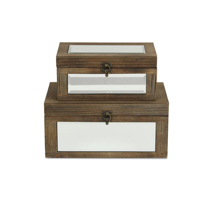 Set of Two Natural And White Nesting Wood And Mirrored Glass Organizing Box With Lid HomeRoots