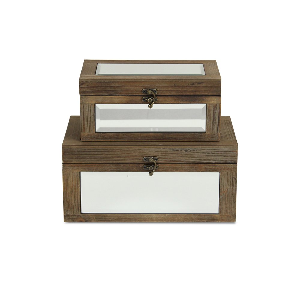Set of Two Natural And White Nesting Wood And Mirrored Glass Organizing Box With Lid HomeRoots
