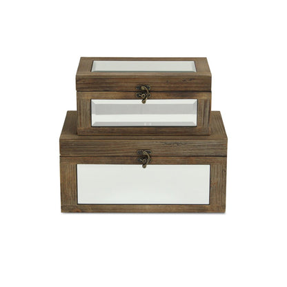 Set of Two Natural And White Nesting Wood And Mirrored Glass Organizing Box With Lid HomeRoots