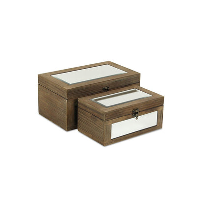Set of Two Natural And White Nesting Wood And Mirrored Glass Organizing Box With Lid HomeRoots