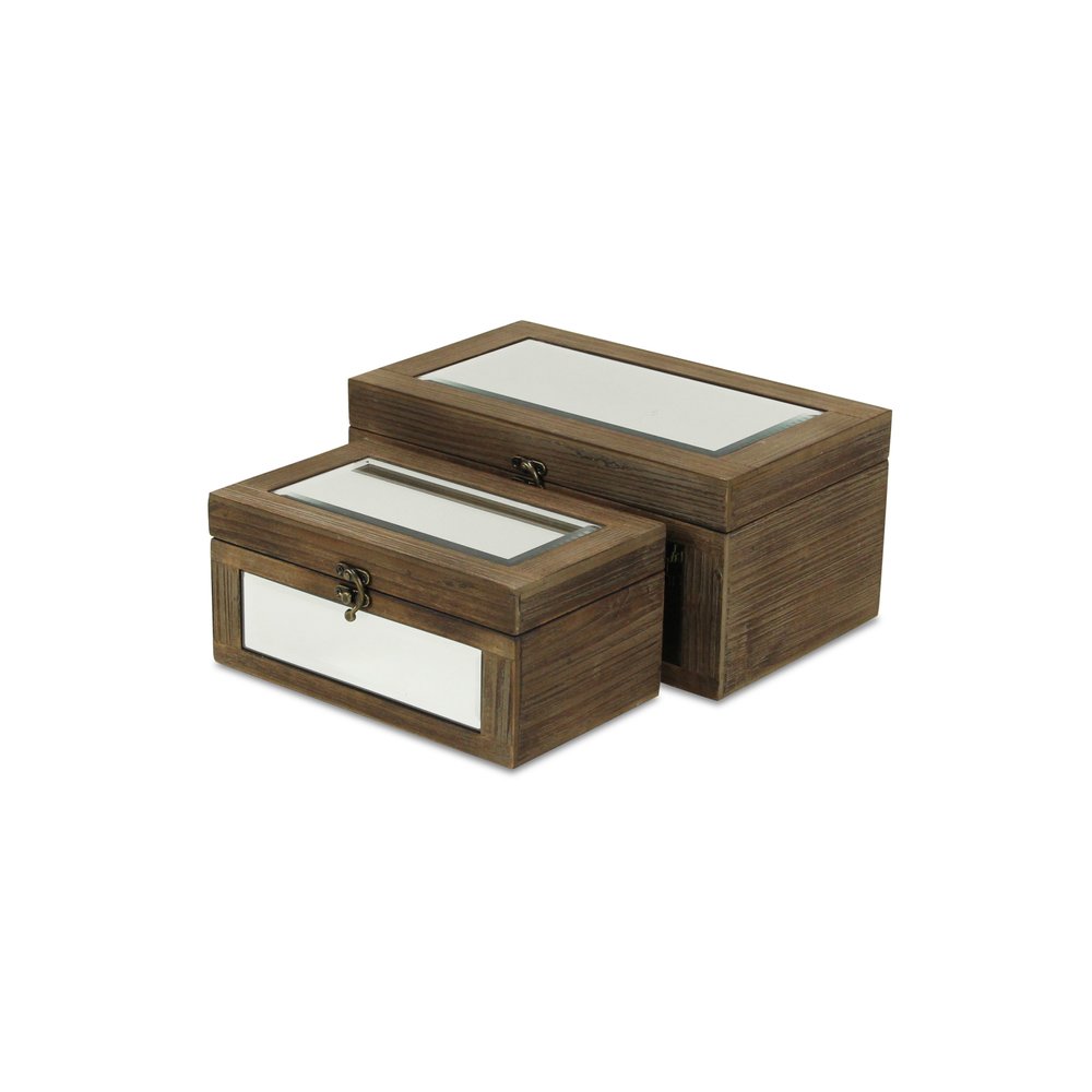 Set of Two Natural And White Nesting Wood And Mirrored Glass Organizing Box With Lid HomeRoots