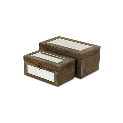 Set of Two Natural And White Nesting Wood And Mirrored Glass Organizing Box With Lid HomeRoots