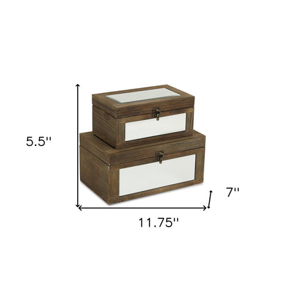 Set of Two Natural And White Nesting Wood And Mirrored Glass Organizing Box With Lid HomeRoots