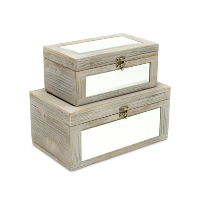 Set of Two Gray And White Nesting Mirrored Glass And Wood Organizing Box With Lid HomeRoots