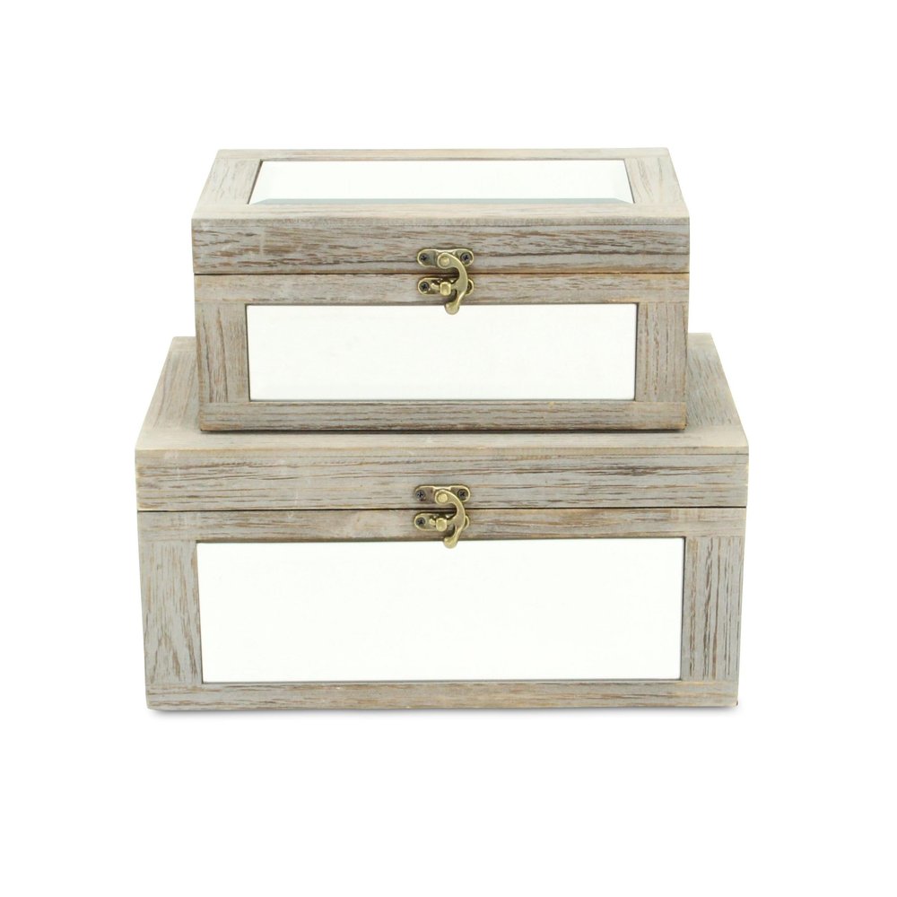 Set of Two Gray And White Nesting Mirrored Glass And Wood Organizing Box With Lid HomeRoots