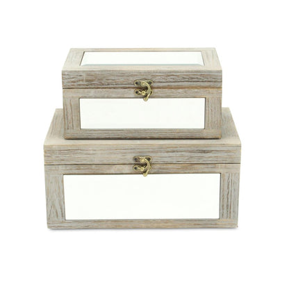Set of Two Gray And White Nesting Mirrored Glass And Wood Organizing Box With Lid HomeRoots