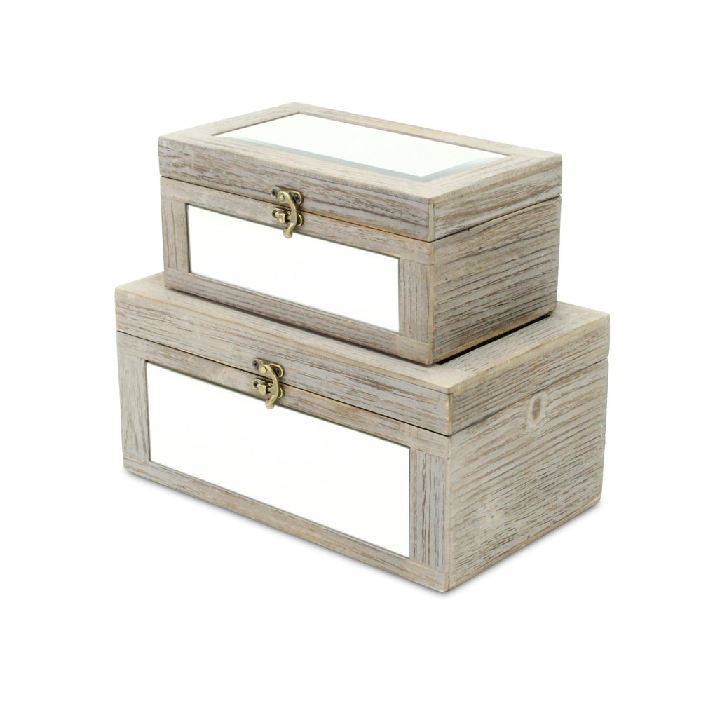 Set of Two Gray And White Nesting Mirrored Glass And Wood Organizing Box With Lid HomeRoots