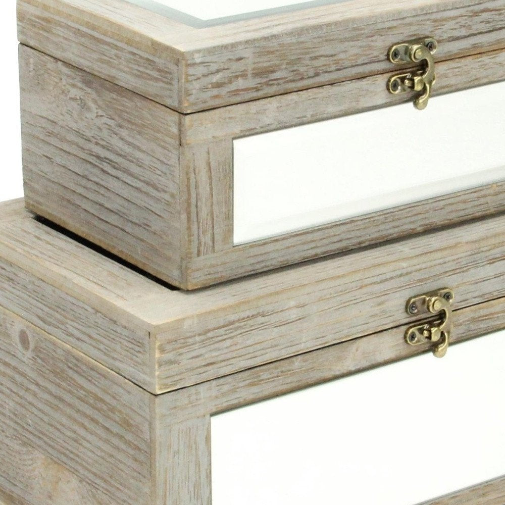 Set of Two Gray And White Nesting Mirrored Glass And Wood Organizing Box With Lid HomeRoots
