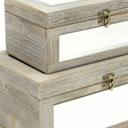 Set of Two Gray And White Nesting Mirrored Glass And Wood Organizing Box With Lid HomeRoots