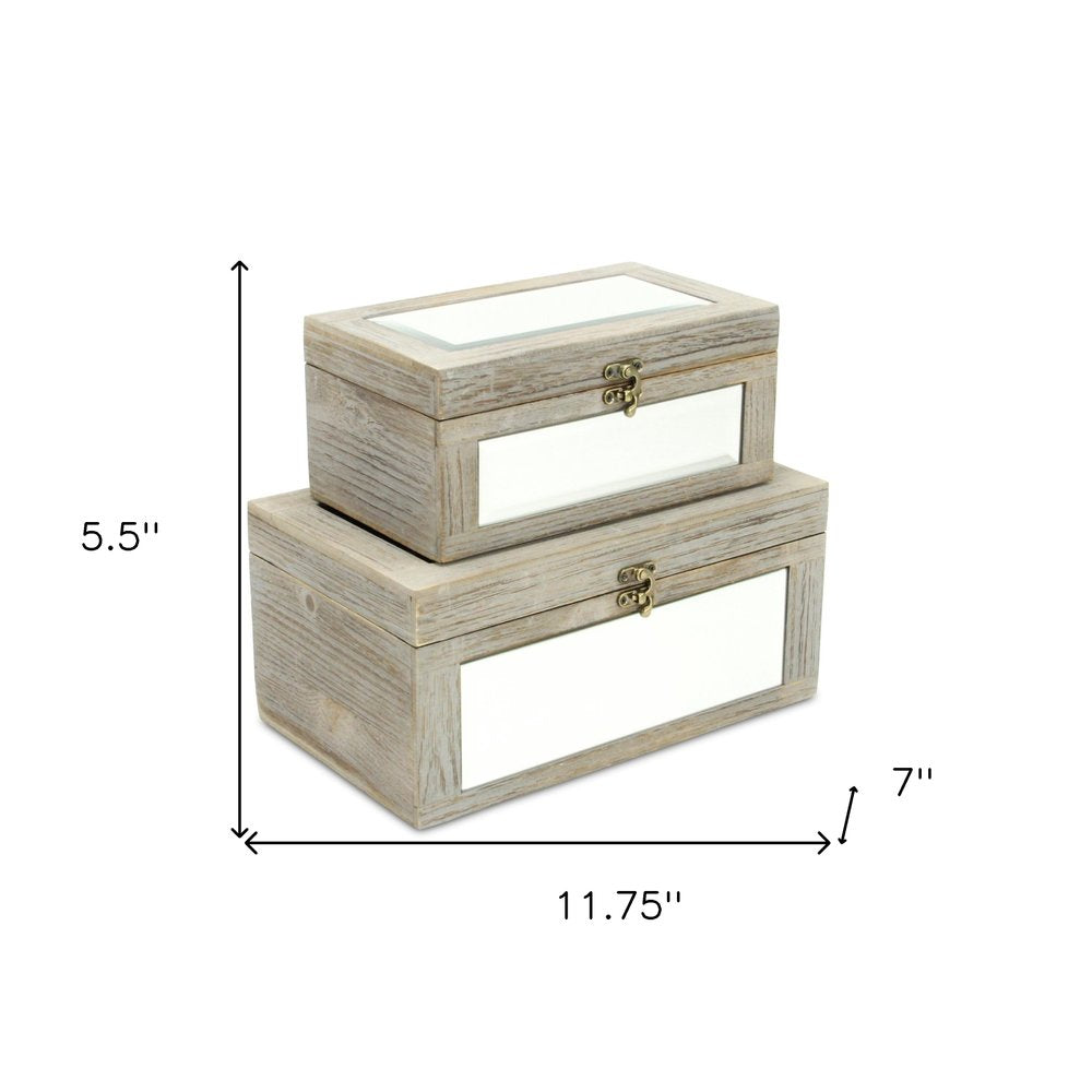 Set of Two Gray And White Nesting Mirrored Glass And Wood Organizing Box With Lid HomeRoots