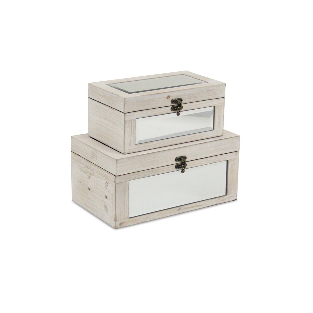 Set of Two White Nesting Wood And Mirrored Glass Organizing Box With Lid HomeRoots