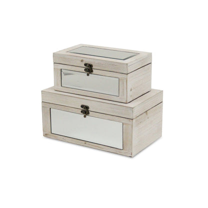 Set of Two White Nesting Wood And Mirrored Glass Organizing Box With Lid HomeRoots