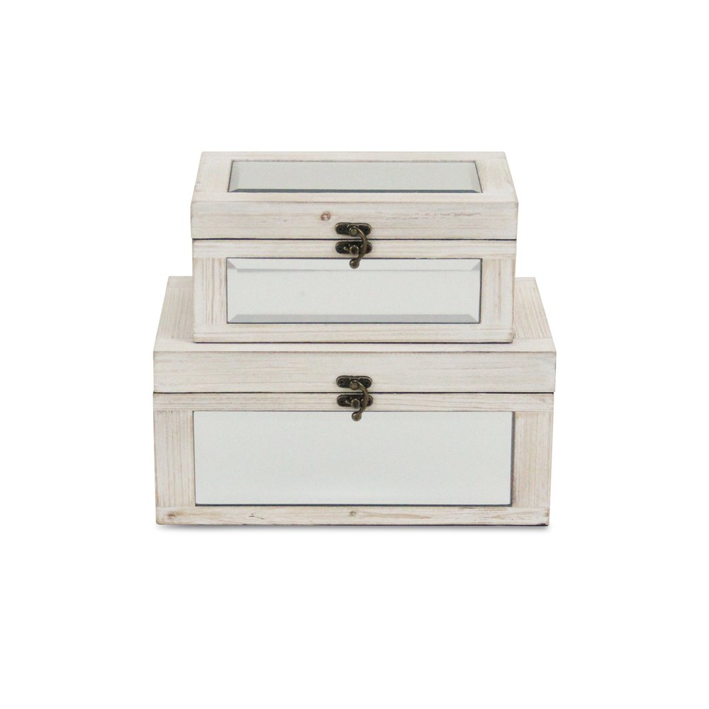 Set of Two White Nesting Wood And Mirrored Glass Organizing Box With Lid HomeRoots