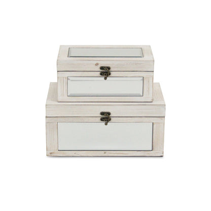 Set of Two White Nesting Wood And Mirrored Glass Organizing Box With Lid HomeRoots