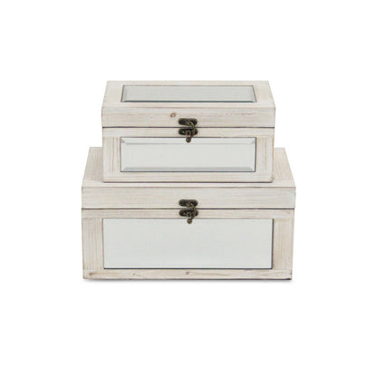 Set of Two White Nesting Wood And Mirrored Glass Organizing Box With Lid HomeRoots