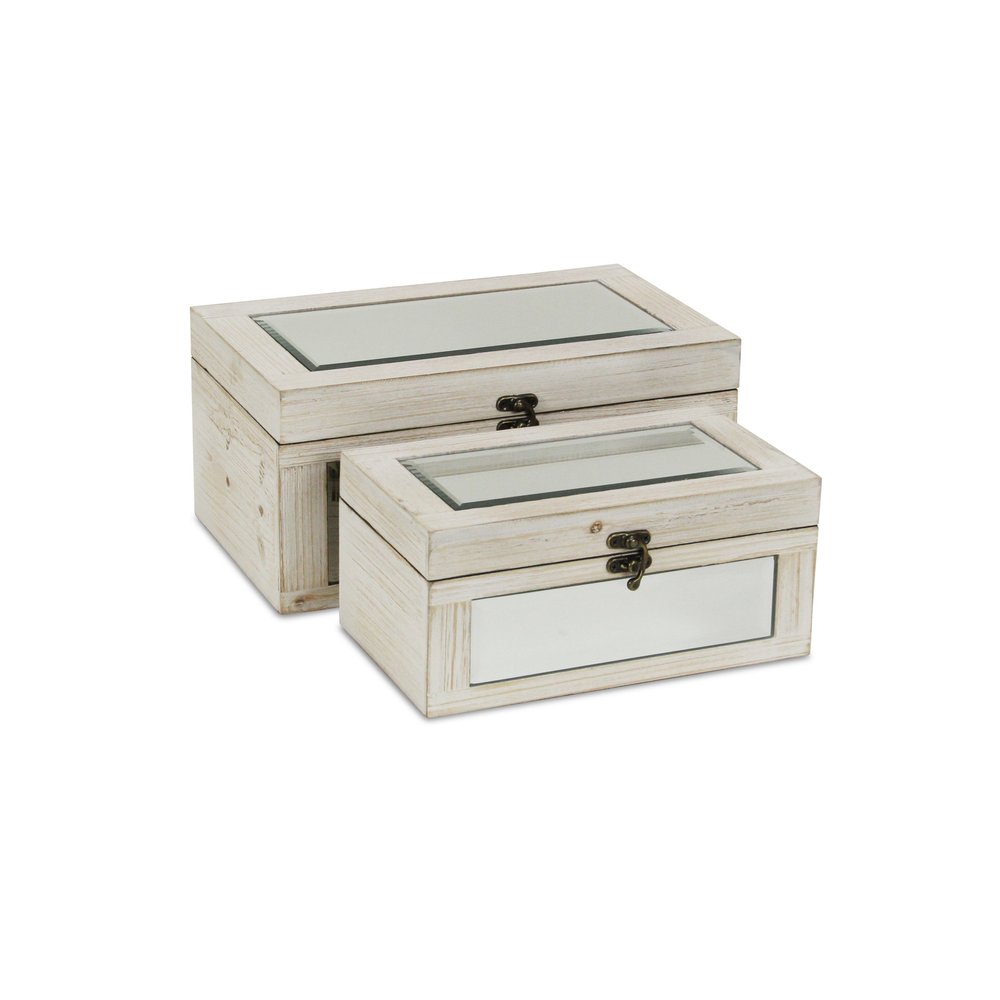 Set of Two White Nesting Wood And Mirrored Glass Organizing Box With Lid HomeRoots