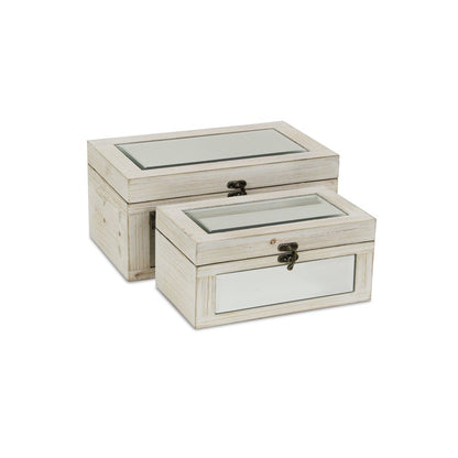Set of Two White Nesting Wood And Mirrored Glass Organizing Box With Lid HomeRoots