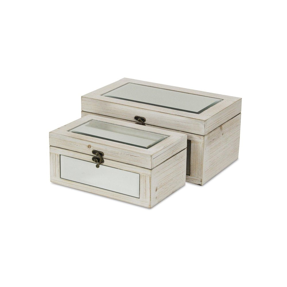 Set of Two White Nesting Wood And Mirrored Glass Organizing Box With Lid HomeRoots