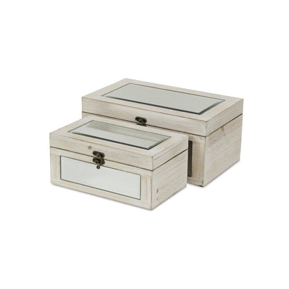 Set of Two White Nesting Wood And Mirrored Glass Organizing Box With Lid HomeRoots