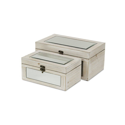 Set of Two White Nesting Wood And Mirrored Glass Organizing Box With Lid HomeRoots