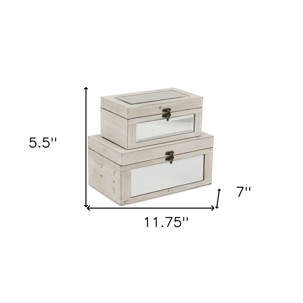 Set of Two White Nesting Wood And Mirrored Glass Organizing Box With Lid HomeRoots