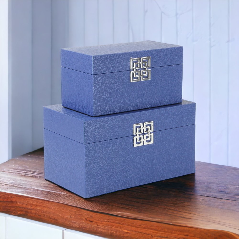 Set of Two Navy Blue Nesting Wood And Shagreen Organizing Box With Lid HomeRoots