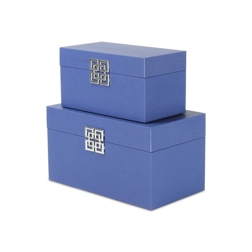 Set of Two Navy Blue Nesting Wood And Shagreen Organizing Box With Lid HomeRoots