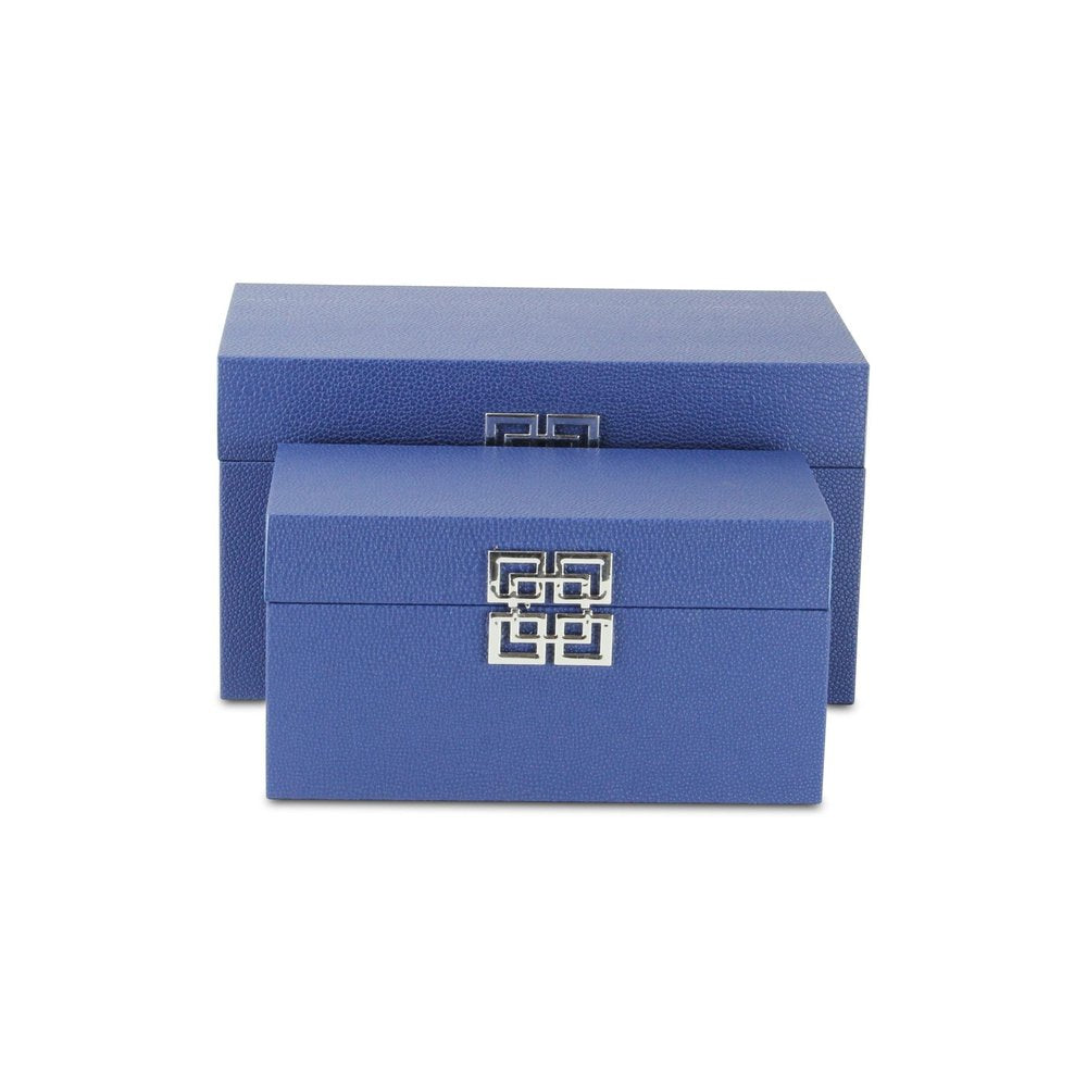 Set of Two Navy Blue Nesting Wood And Shagreen Organizing Box With Lid HomeRoots
