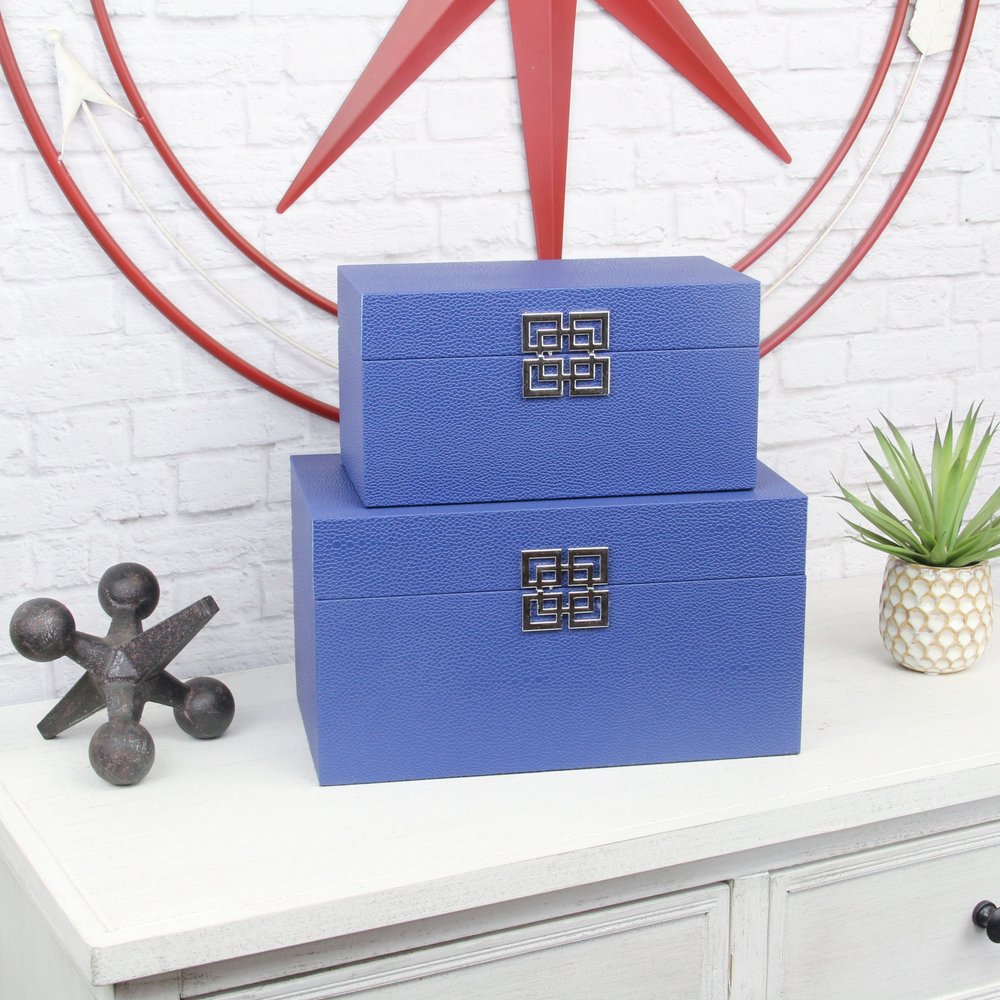 Set of Two Navy Blue Nesting Wood And Shagreen Organizing Box With Lid HomeRoots
