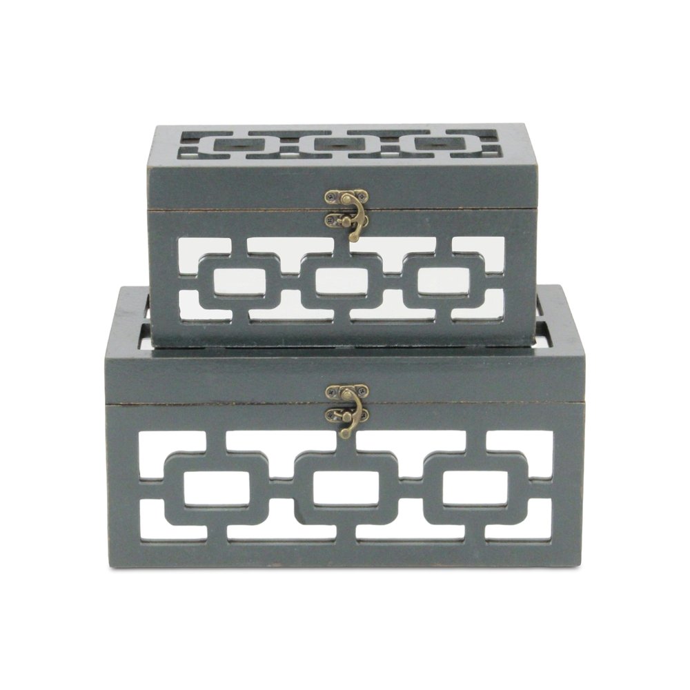 Set of Two Black And White Nesting Wood And Mirrored Glass Organizing Box With Lid HomeRoots