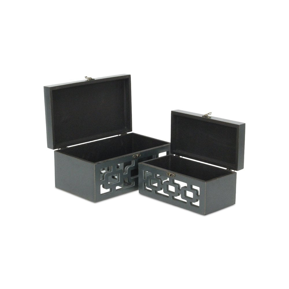 Set of Two Black And White Nesting Wood And Mirrored Glass Organizing Box With Lid HomeRoots