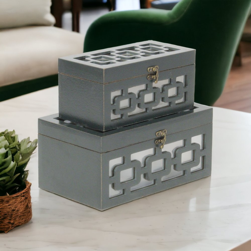 Set of Two Black And White Nesting Wood And Mirrored Glass Organizing Box With Lid HomeRoots