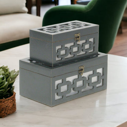 Set of Two Black And White Nesting Wood And Mirrored Glass Organizing Box With Lid HomeRoots