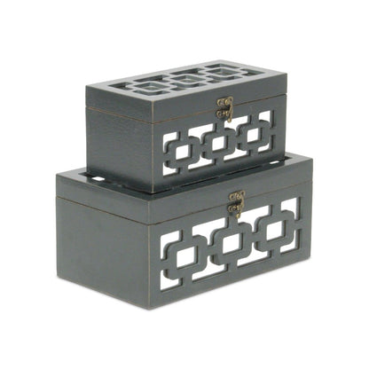 Set of Two Black And White Nesting Wood And Mirrored Glass Organizing Box With Lid HomeRoots
