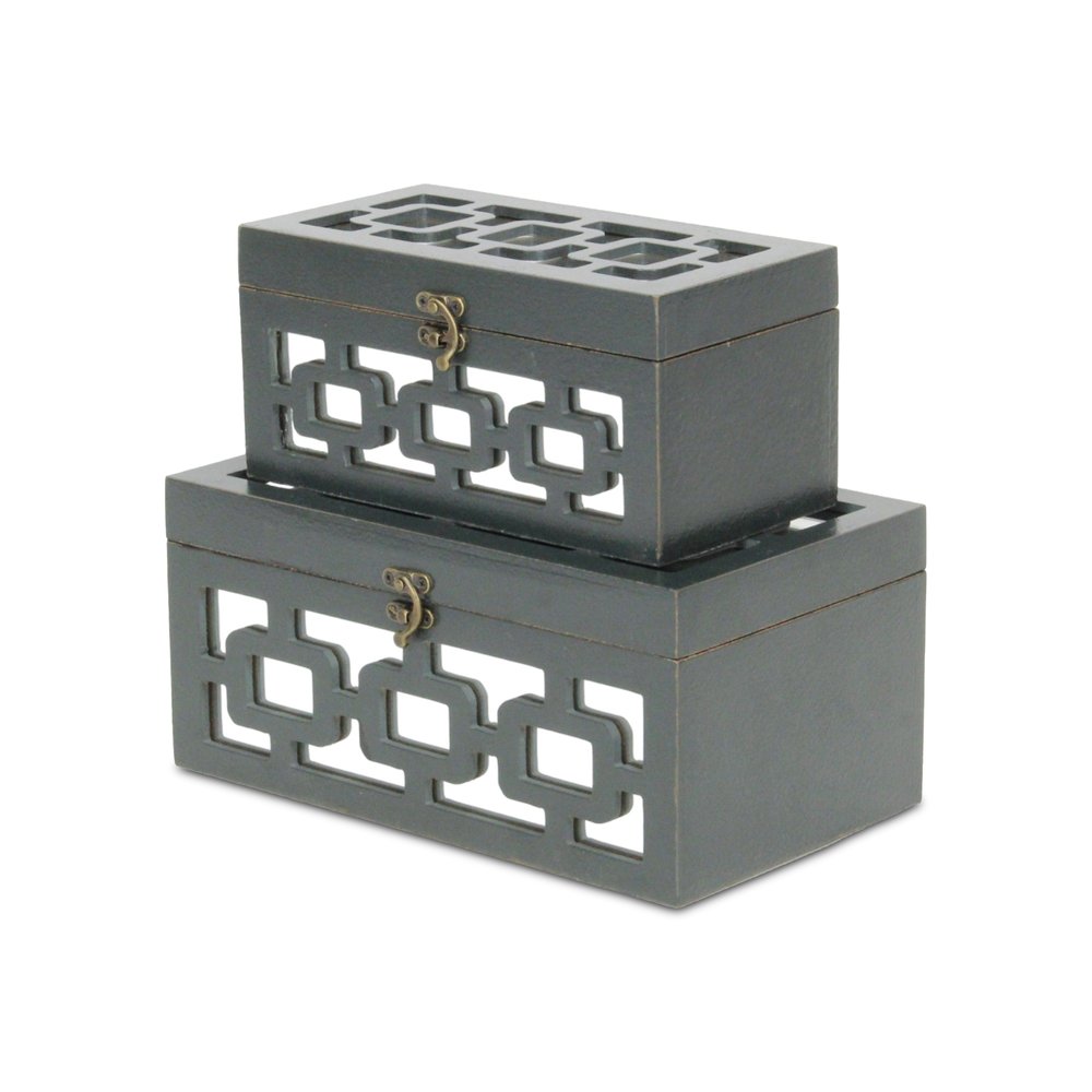 Set of Two Black And White Nesting Wood And Mirrored Glass Organizing Box With Lid HomeRoots