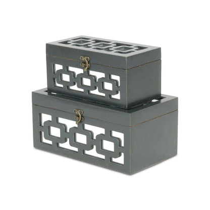 Set of Two Black And White Nesting Wood And Mirrored Glass Organizing Box With Lid HomeRoots