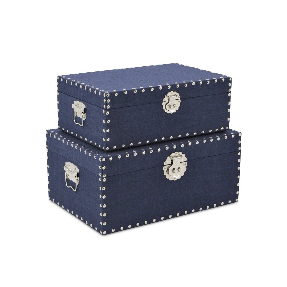 Set of Two Navy Blue Nesting Wood Fabric And Metal Organizing Box With Lid HomeRoots
